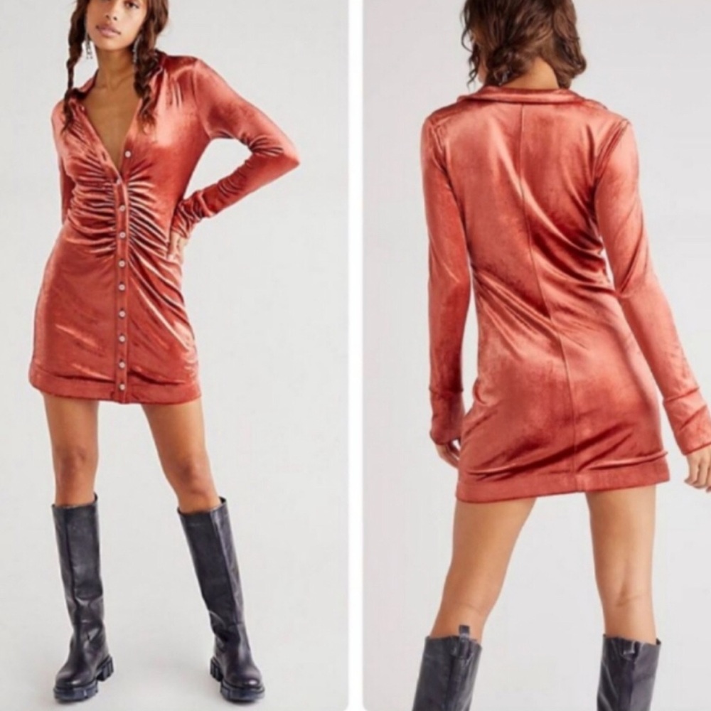 Free People Shayla Burnt Orange Velvet Mini Dress Terracotta Size Small - Picture 1 of 6